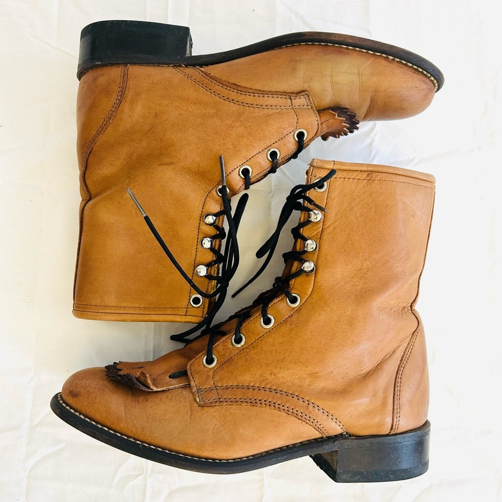 Laredo Tan Lace-Up Leather Roper Boots - Picture 10 of 16